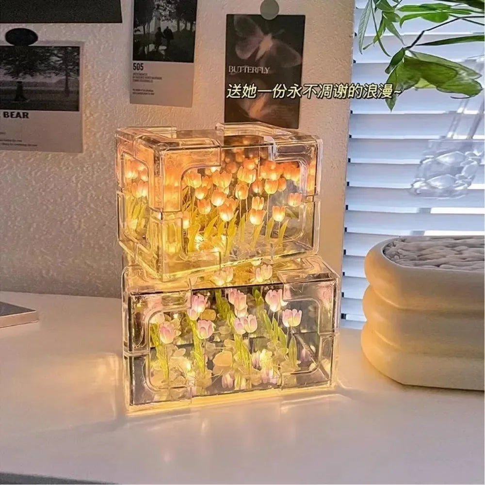 Creative Diy Tulip Flower Sea Cube Three-Dimensional Small Night Lamp Material Package for Girlfriend Couple Girlfriends